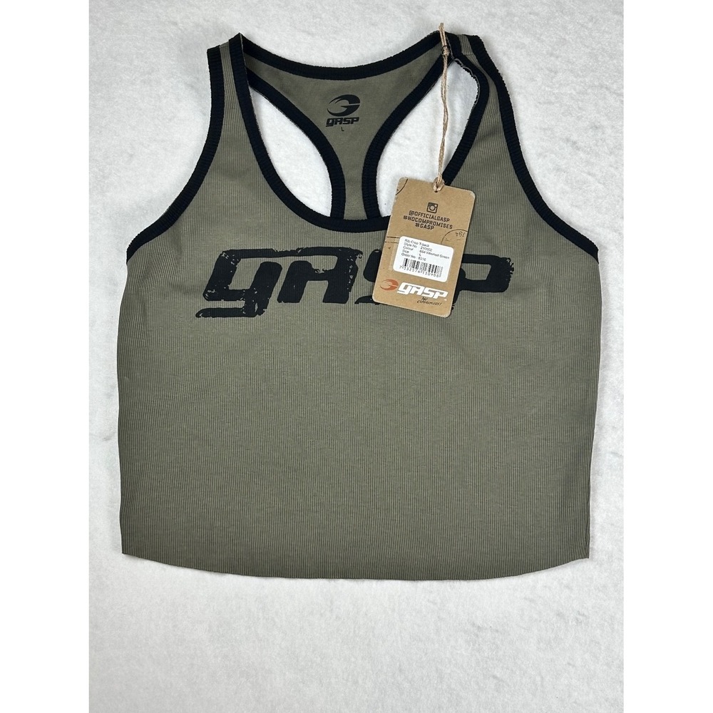 GASP Rib Crop T-back Tank Top in Washed Green, Size Large